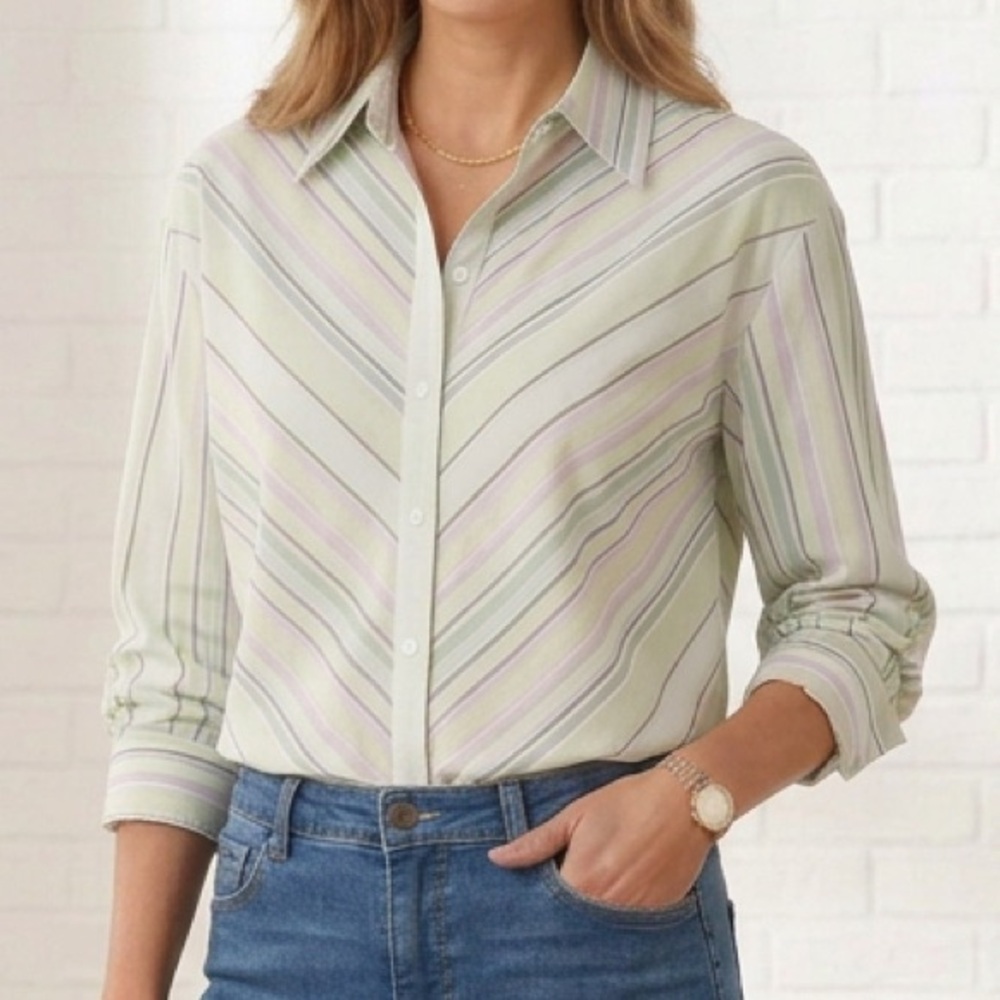 Vintage Y2K Cotton Pastel Stripe Button Down Top Academia Career Casual Size XL